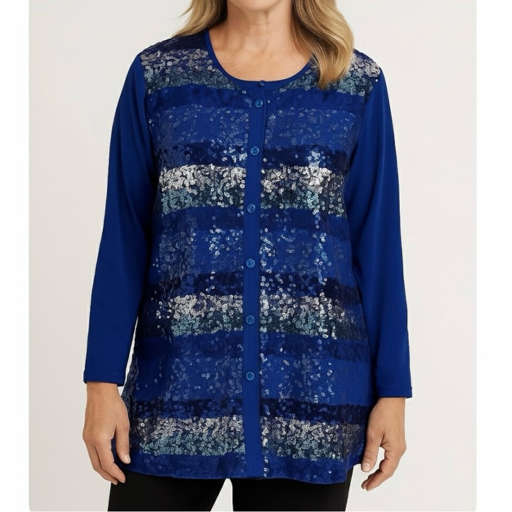 Quacker Factory Blue Sequin Button Front Knit Top 2X